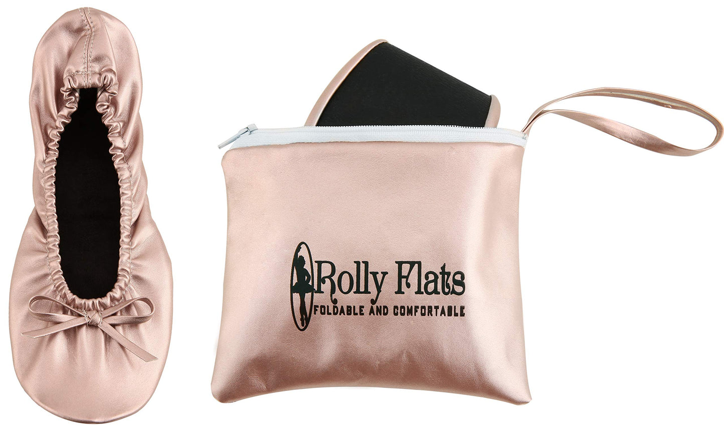Women Foldable Flat Slipper Shoe-Rose Gold+Expandable Tote