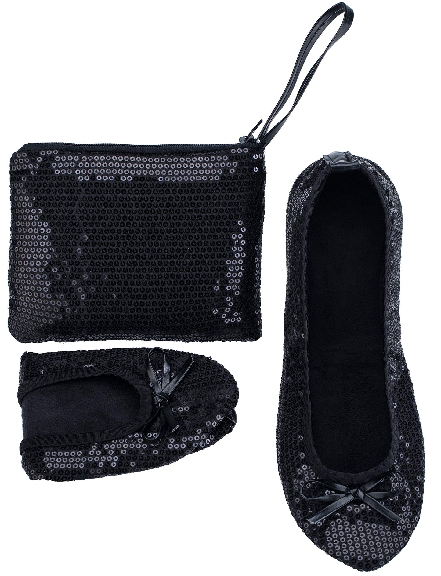 Women Foldable Flat Slipper Shoe-Black Sequin