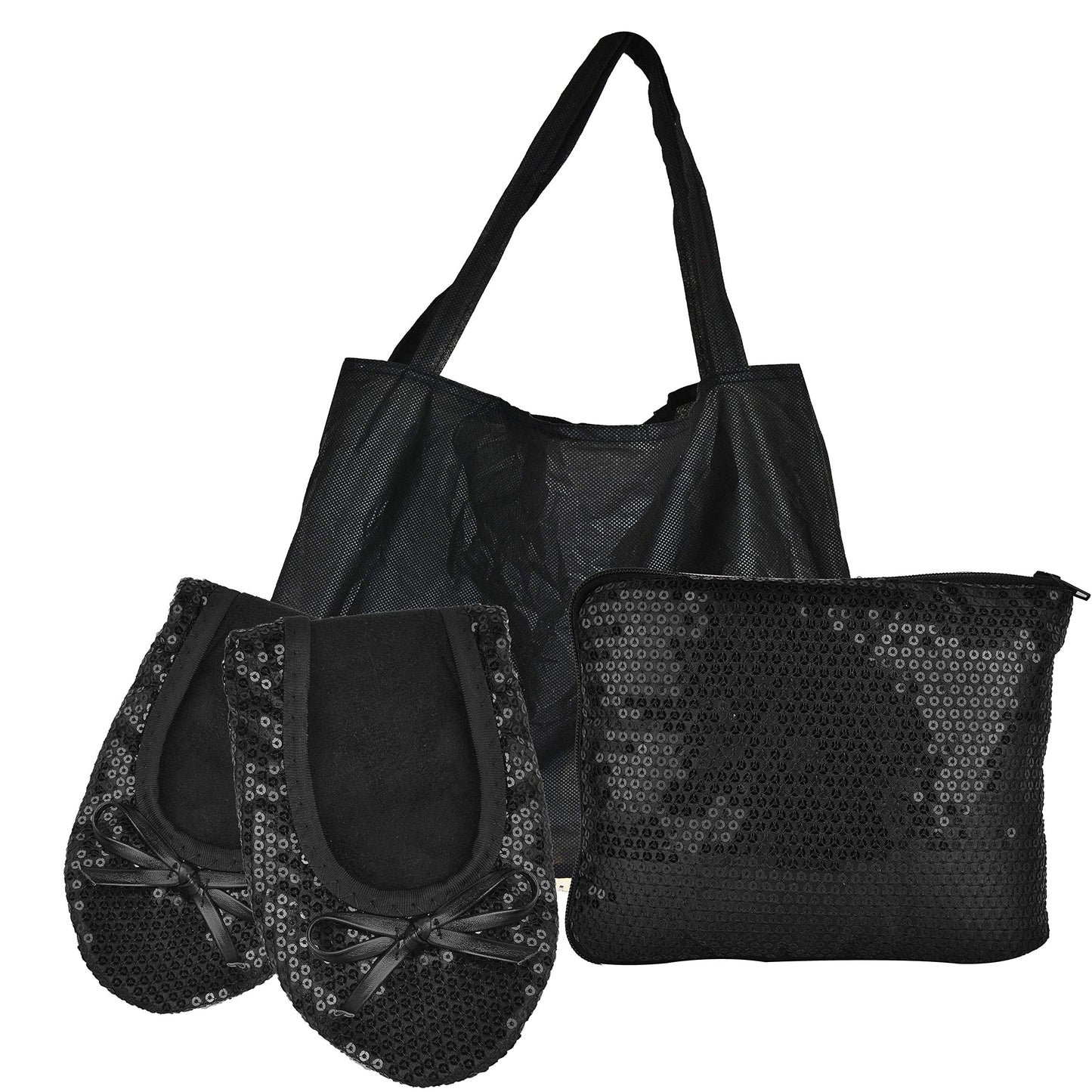 Women Foldable Flat Slipper Shoe-Black Sequin+Expandable Tote