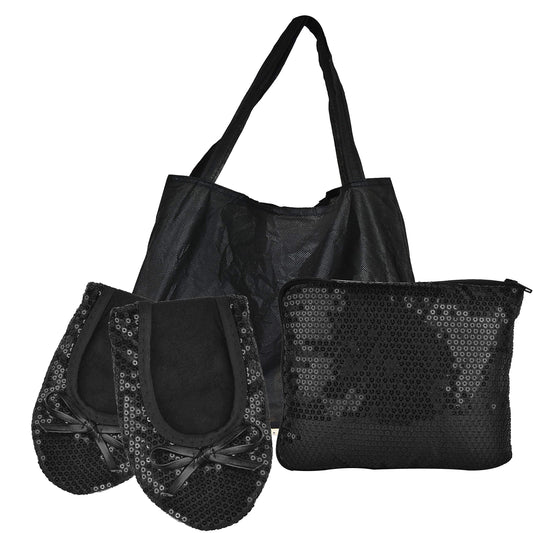 Women Foldable Flat Slipper Shoe-Black Sequin+Expandable Tote