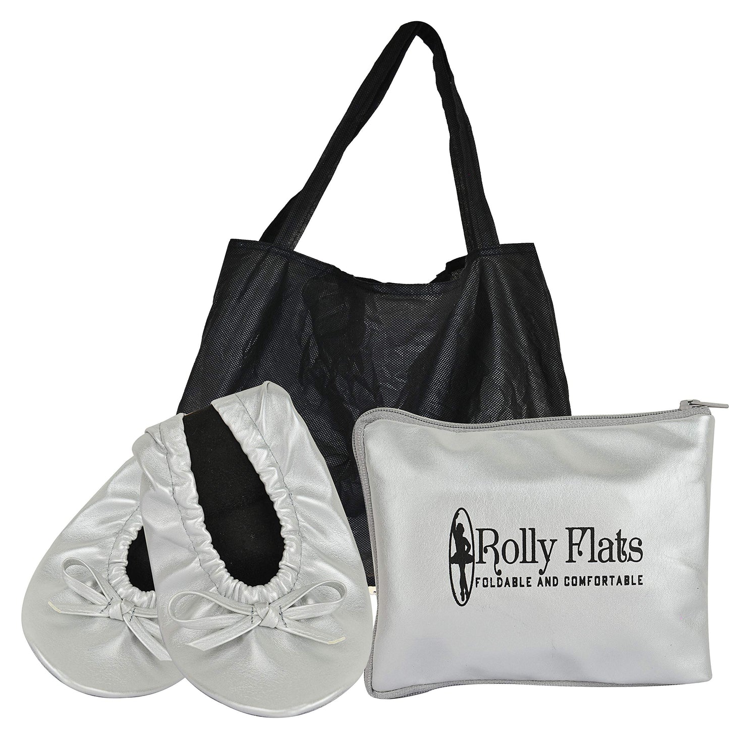 Women Foldable Flat Slipper Shoe-Silver+Expandable Tote