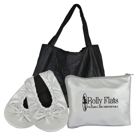 Women Foldable Flat Slipper Shoe-Silver+Expandable Tote