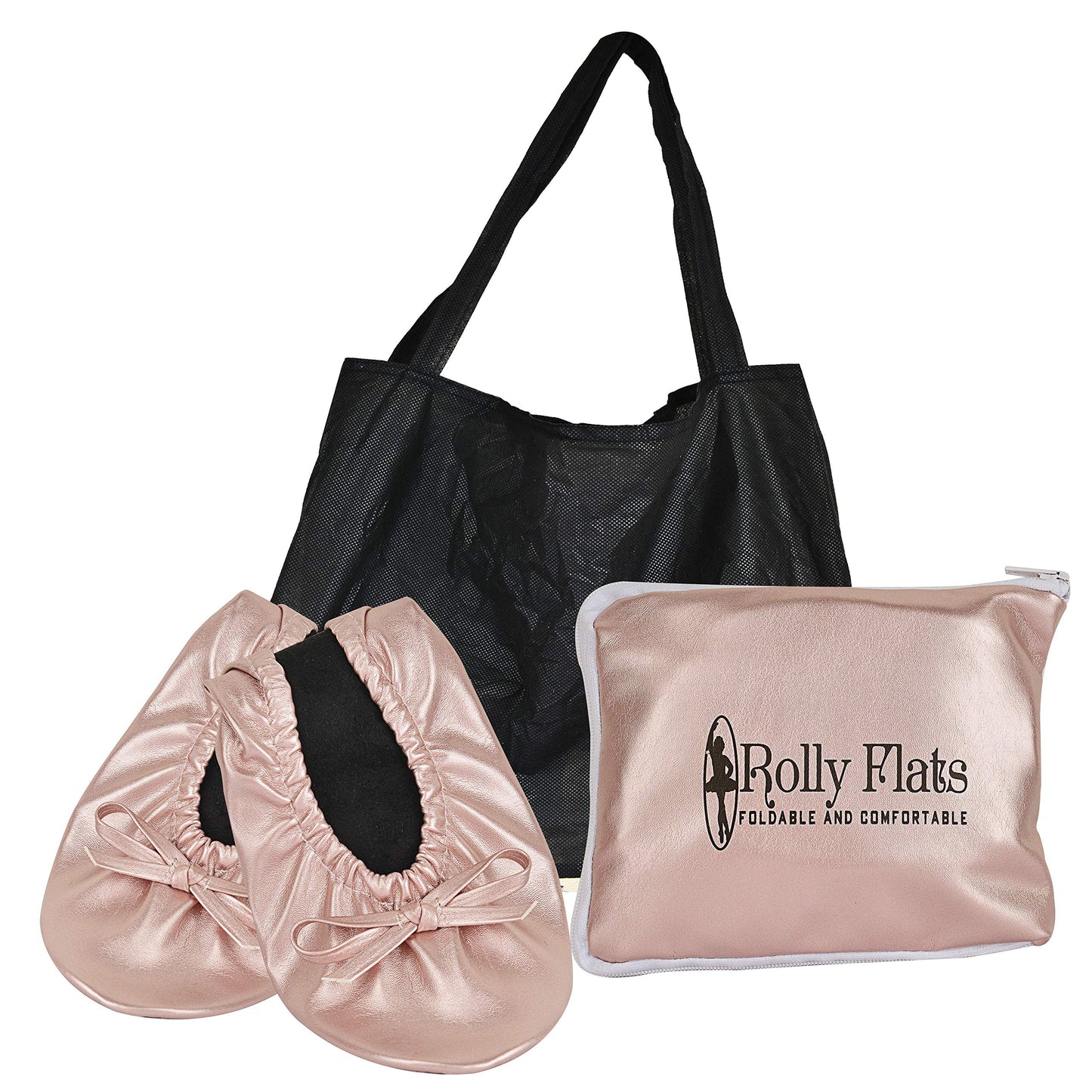 Women Foldable Flat Slipper Shoe-Rose Gold+Expandable Tote