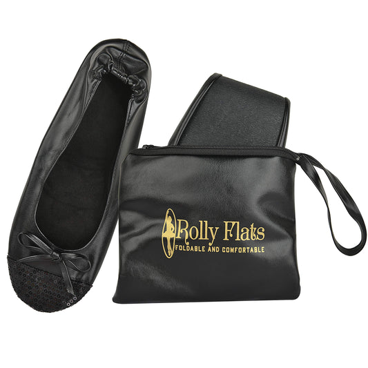 Women Foldable Flat Slipper Shoe-Black Sequin Tip
