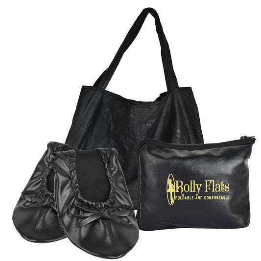 Women Foldable Flat Slipper Shoe-Black+Expandable Tote