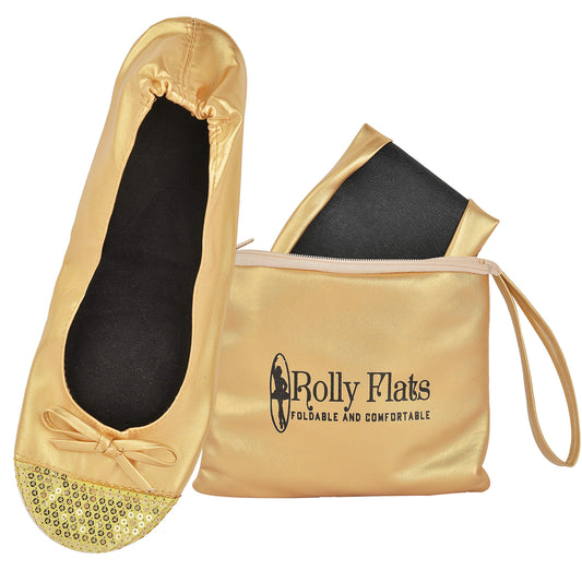 Women Foldable Flat Slipper Shoe-Gold Sequin Tip