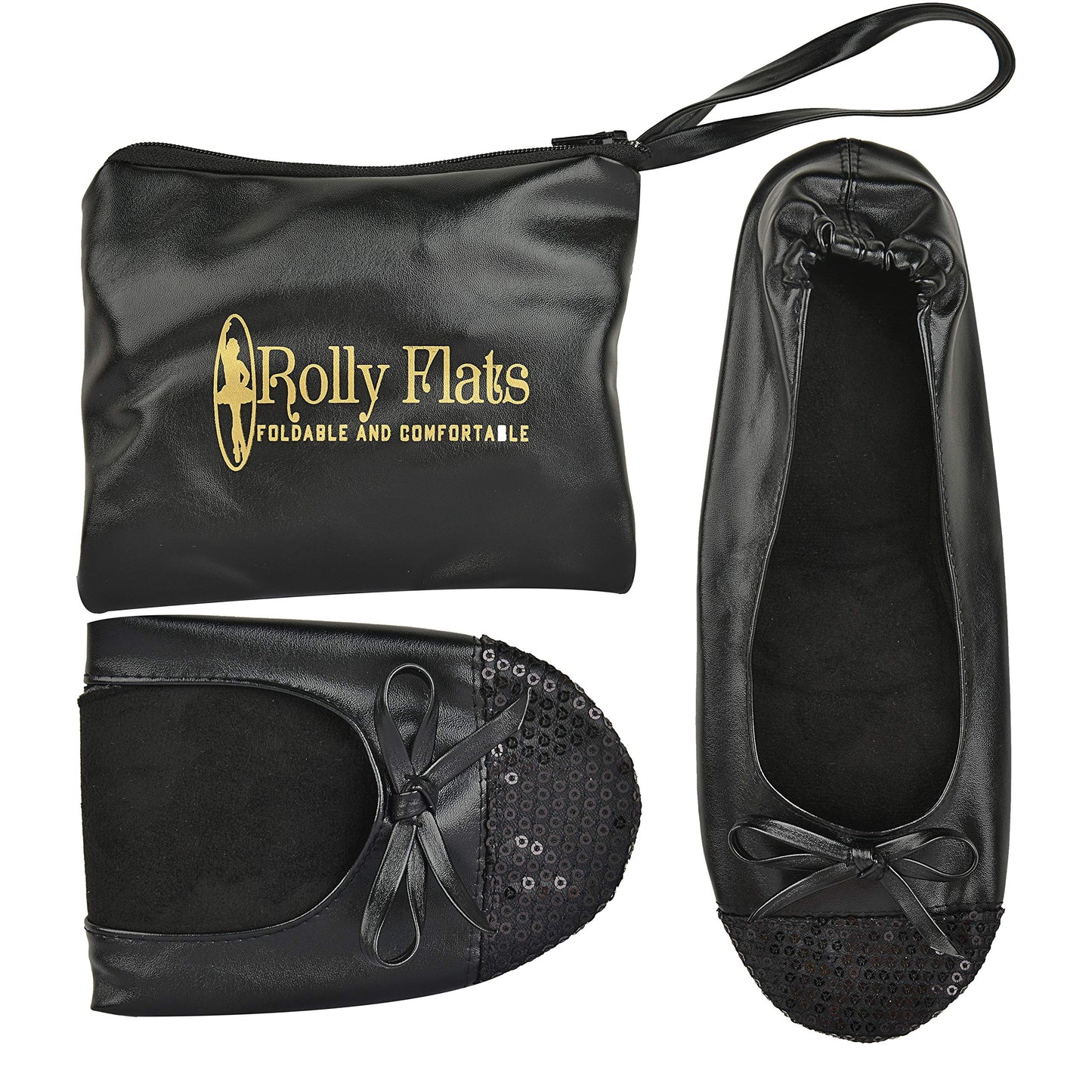 Women Foldable Flat Slipper Shoe-Black Sequin Tip