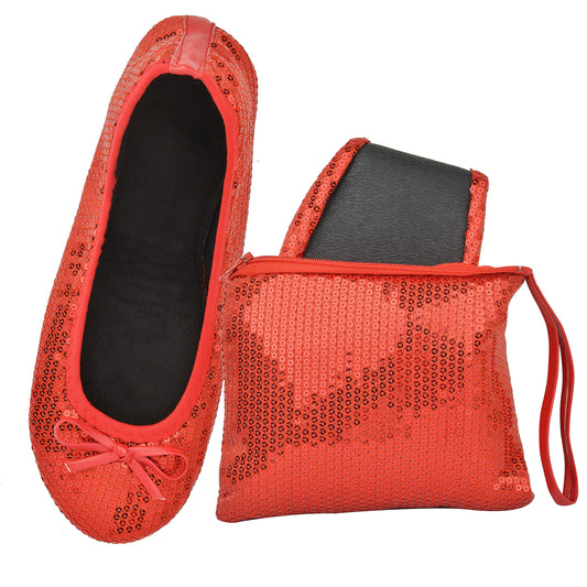 Women Foldable Flat Slipper Shoe-Red Sequin