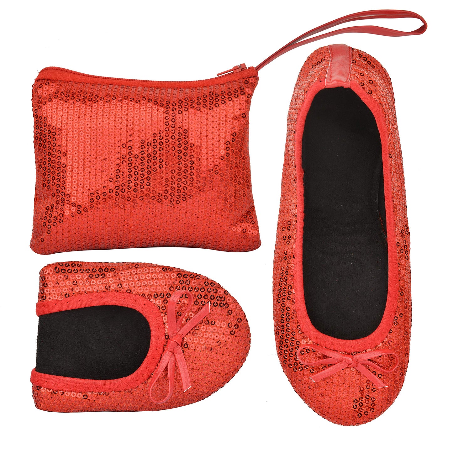 Women Foldable Flat Slipper Shoe-Red Sequin