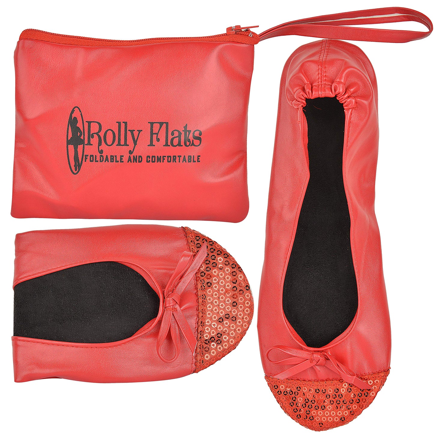 Women Foldable Flat Slipper Shoe-Red Sequin Tip