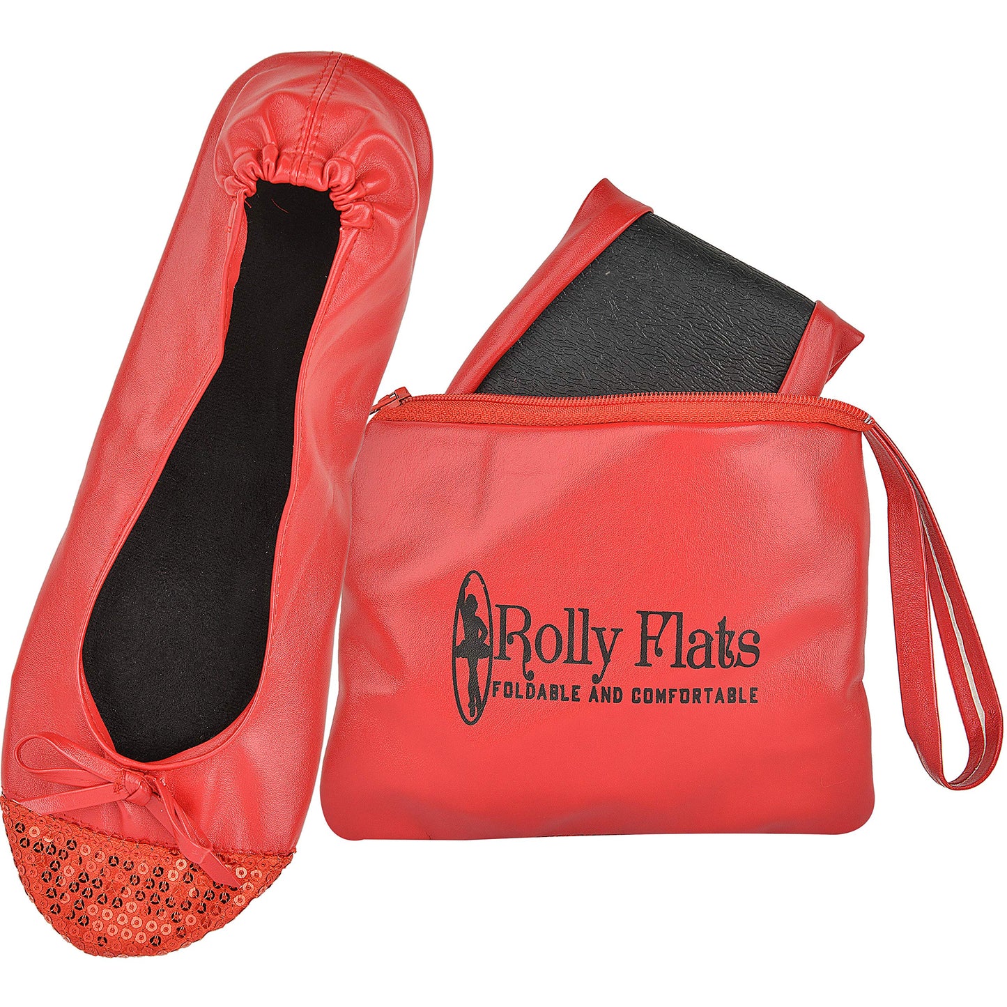 Women Foldable Flat Slipper Shoe-Red Sequin Tip