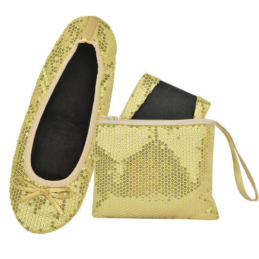 Women Foldable Flat Slipper Shoe-Gold Sequin