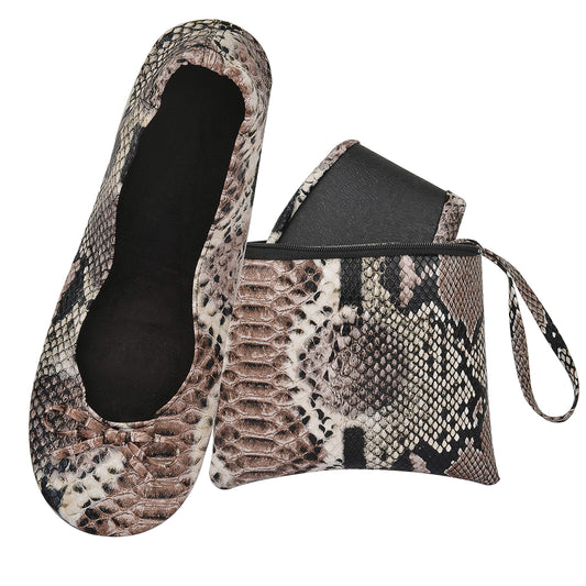 Women Foldable Flat Slipper Shoe-Black Snakeskin
