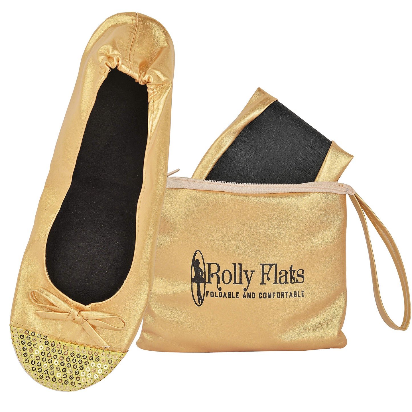 Women Foldable Flat Slipper Shoe-Gold Sequin Tip