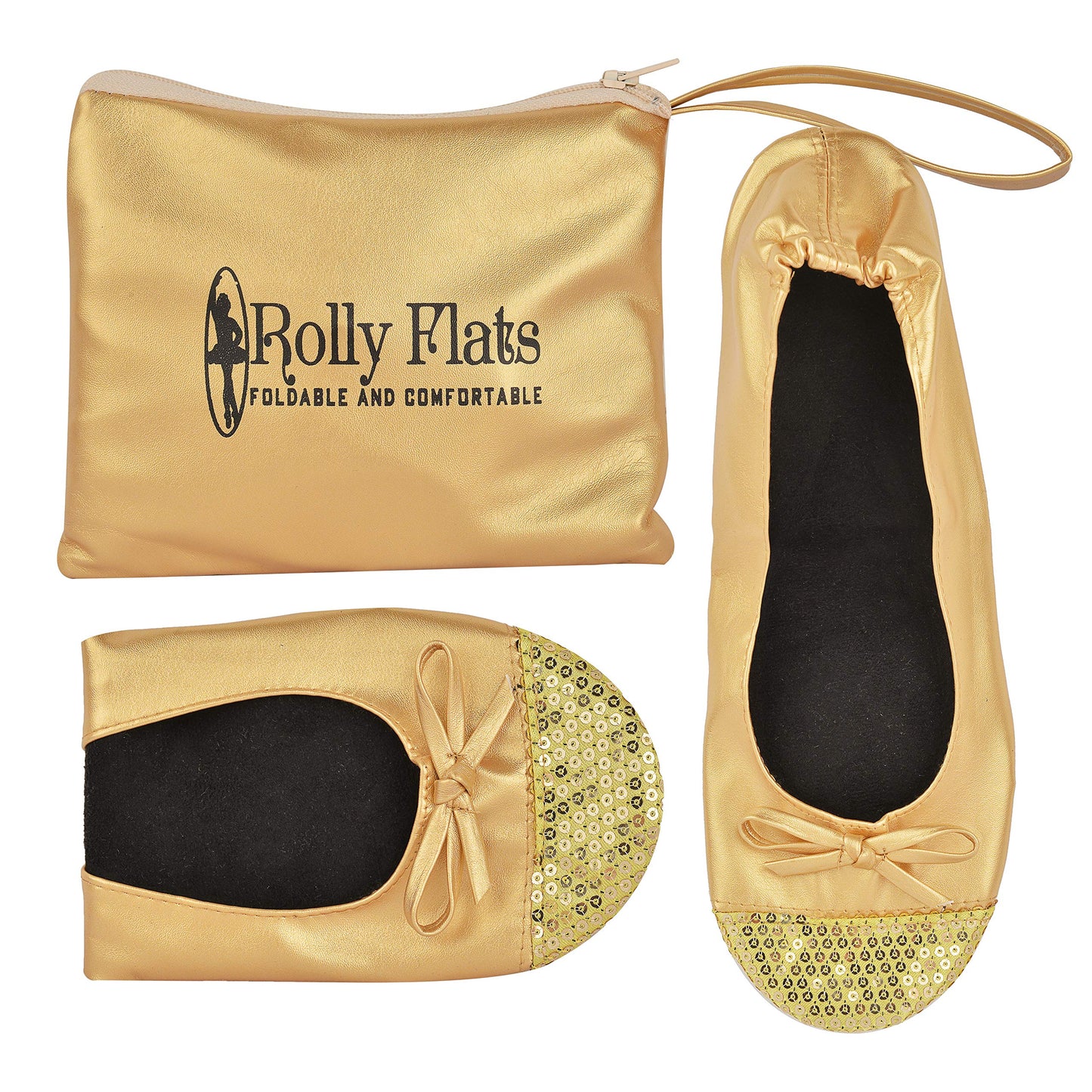 Women Foldable Flat Slipper Shoe-Gold Sequin Tip